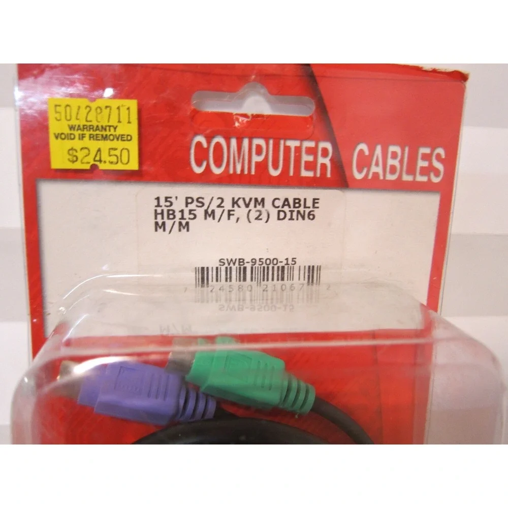 NOS 15 Ft KVM Switch Cable,‎ 6-pin PS/2 Keyboard Mouse M/M & HD15 VGA M/F